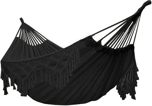 YFUG GO Double Sized Boho Macrame Black Hammock with Elegant Tassels and Fishtail Knitting 485Lbs Includes Tie Ropes and Black Drawstring Bag for Women