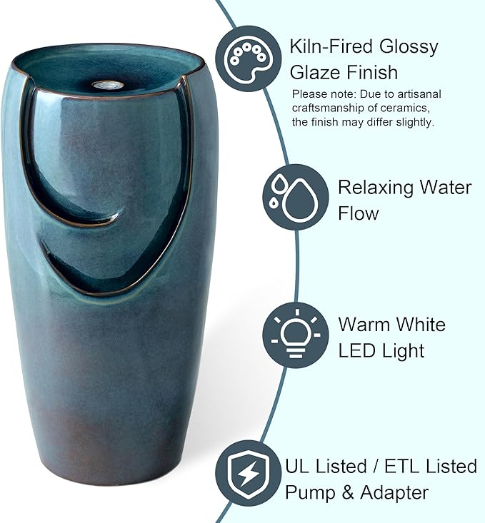 Glitzhome 29.25" Outdoor Garden Fountain Ceramic Jar Water Fountain with LED Lights and Pump Cascading Waterfall Vase Fountain for Patio Garden Yard Porch,Turquoise