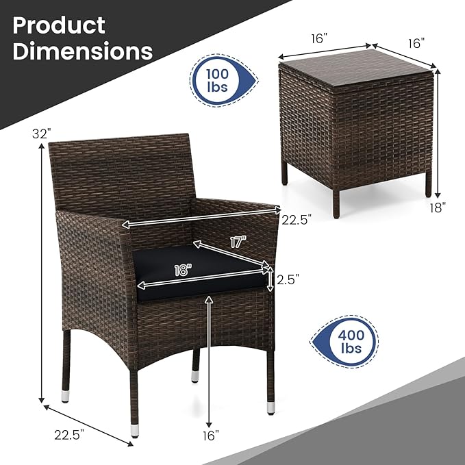 RELAX4LIFE 3-Piece Patio Furniture Set - Rattan Wicker Outdoor Conversation Set w/Cushions & Glass Coffee Table, Balcony Furniture for Porch Garden Backyard, Bistro Table and Chairs Set of 2 (Black)