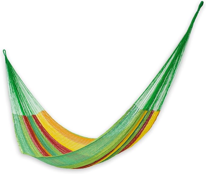 NOVICA Green Yellow Red Striped Hand Woven Cotton Mayan 2 Person XL Rope Hammock, 'Colima' (Double)