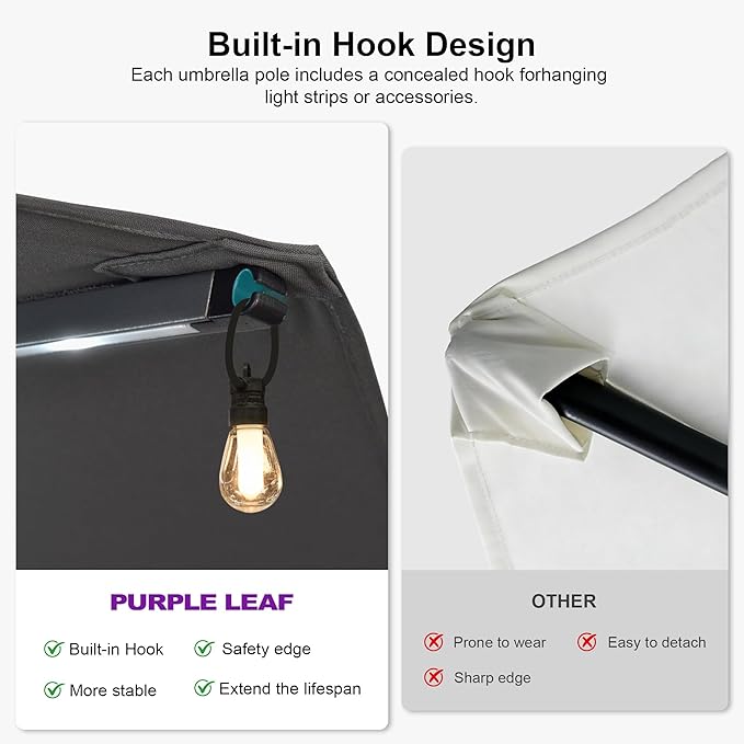 PURPLE LEAF 13ft Double-Sided Patio Umbrella with Solar Lights Outdoor Market Umbrella with Base and Crank Handle Table Umbrella for Backyard Pool Garden Deck, Grey