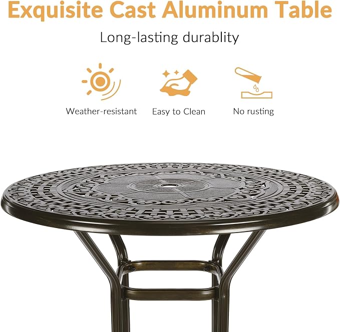 Cast Aluminum Patio Bar Table, 38.5" Outdoor Bar Height Bistro Table with 2" Umbrella Hole, Patio Bistro Round High Top Dining Table Pub Table for Porch Balcony Backyard, Dark Bronze