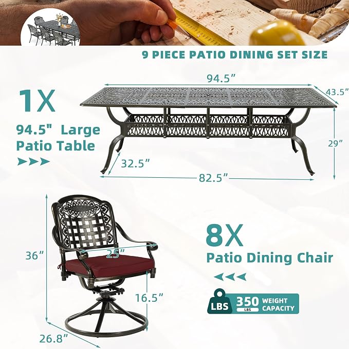 MEETWARM 9-Piece Outdoor Patio Dining Set, All Weather Cast Aluminum Patio Funiture Table and Chairs Set- 94.5” Rectangular Table and 8 Cushioned Swivel Rocker Chairs, Umbrella Hole, Chili Red
