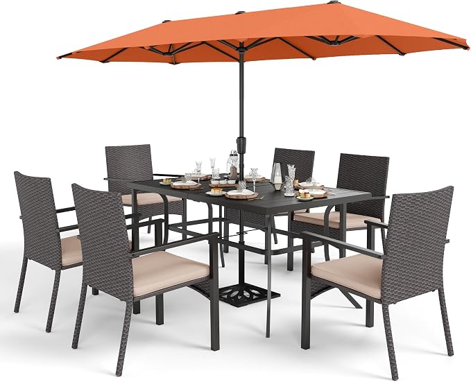 Sophia & William 7 Pieces Outdoor Dining Set with 13ft Red Patio Umbrella, Patio Metal Table and Rattan Chairs Set for 6 People, Patio Dining Set with Cushions & 1.6" Adjustable Umbrella Hole