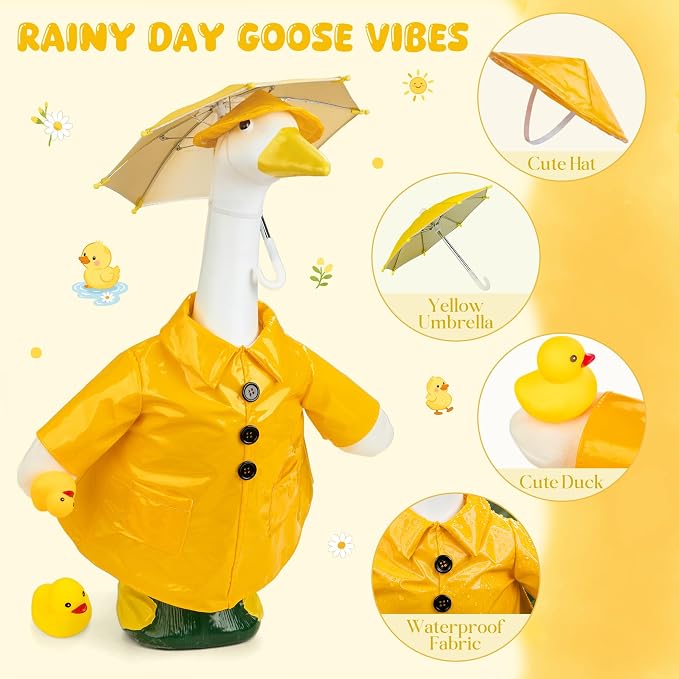 Yellow Raincoat Goose Outfits Porch Goose Waterproof Clothes with Umbrella Hat Rubber Duckie Fits 23" Geese Statue for Spring Summer Garden Lawn Patio Yard Outdoor Decor (Rubber Duckie)