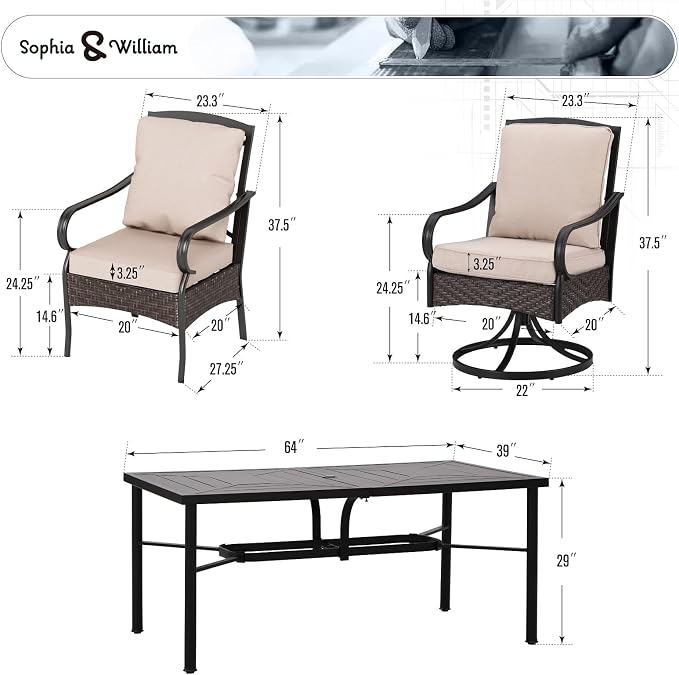 Sophia & Willliam Oversized Outdoor Dining Set 7 Piece Metal Patio Table and Chairs Set with 4 Padded Patio Dining Chairs,2 Swivel Chairs & 64" Rectangular Dining Table, Deck,Lawn,Kitchen Furniture