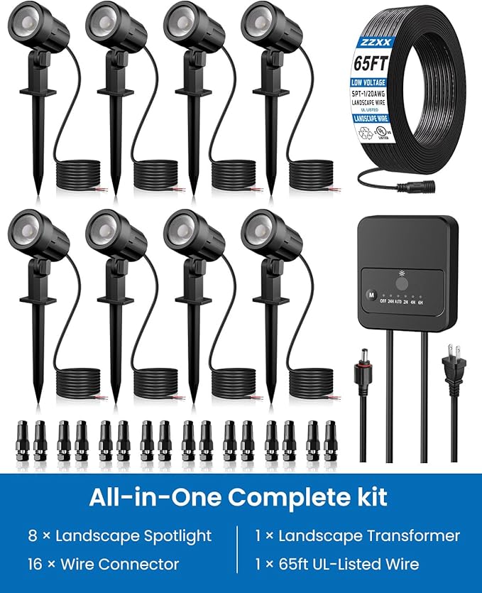 ZZXX All-in-One Low Voltage Landscape Lighting Kit, 8-Pack LED Landscape Lights with Transformer 65FT Wire and Connectors, 2700K Waterproof Landscape Spot Lights for Garden Yard House Tree