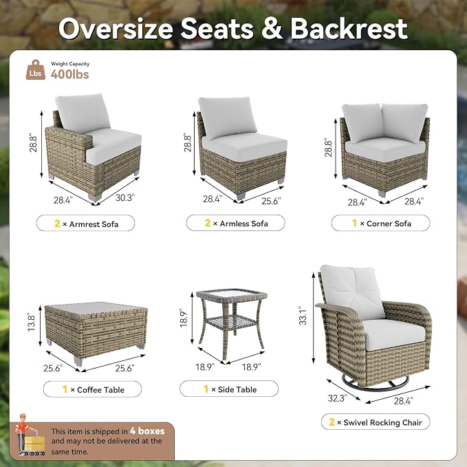 LazySunsets Luxury Patio Furniture Set，All-Weather Patio Sectional Sofas with Thickened Cushions, 9 Piece Outdoor Furniture Sectional Set with Swivel Rocker Chairs of 2，Grey