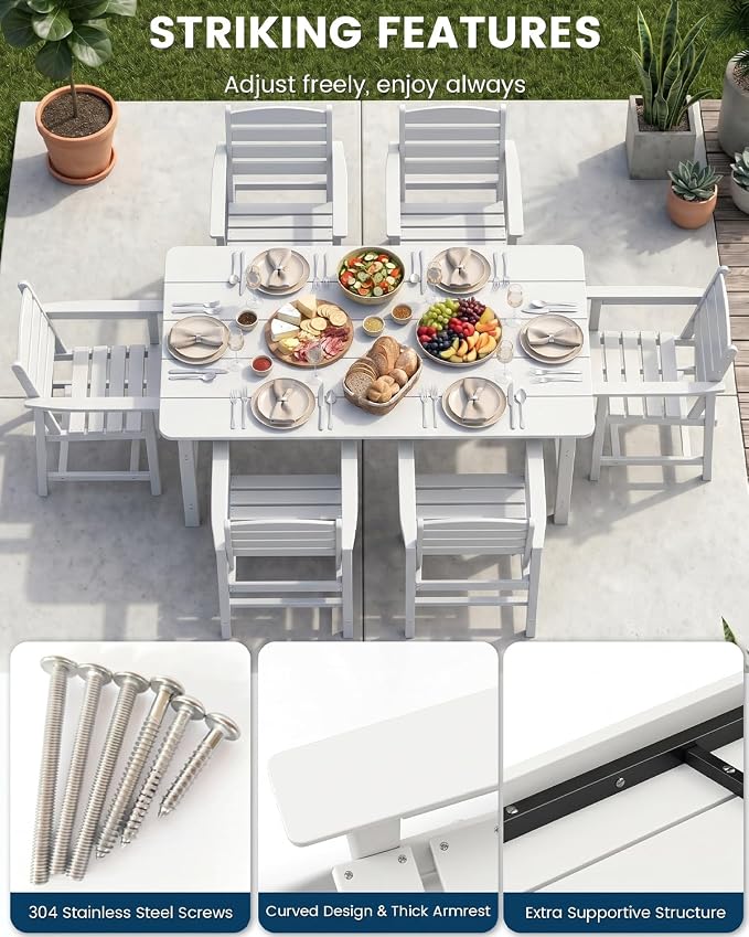 FOOWIN Outdoor HDPE Dining Table Set 7-Piece All Weather Patio Dining Set with Umbrella Hole,Outdoor Patio Furniture Dining Set for 6,Patio Kitchen Table Set for Garden,Backyard,Poolside, White