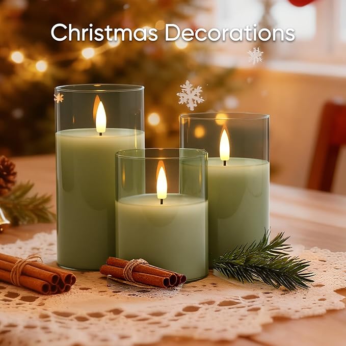 5plots Flameless Battery Operated Candles Set of 3, Green LED Candles with Remote Timer, Real Wax Glass Pillar Candles Warm Flickering Light for Indoor Home, Halloween, Christmas Decor D3 x H4 5" 6"