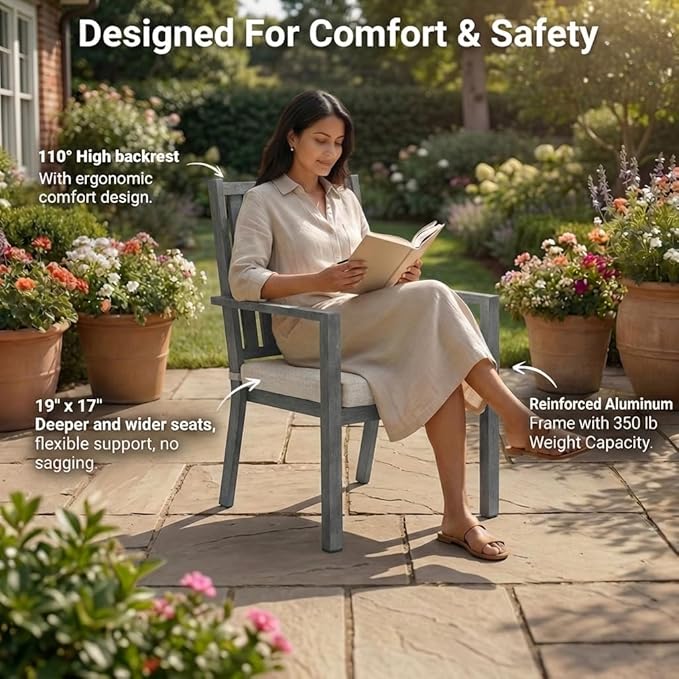 RoyalCraft Aluminum Outdoor Patio Chairs Set of 2, Outdoor Chairs with Waterproof Cushions, Outdoor Dining Chairs with Armrests, Metal Patio Furniture Set for Porch, Balcony, Deck, Backyard, Grey