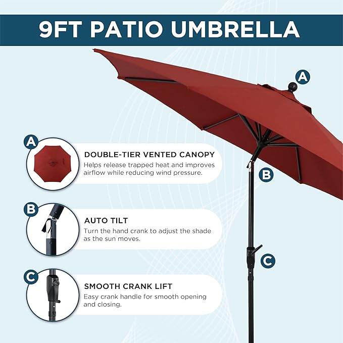 9FT Outdoor Patio Umbrella with Crank Lift & Auto Tilt - Market Umbrella, 8 Heavy-Duty Ribs, UV Resistant & Water-Repellent for Garden, Deck, Poolside & Backyard