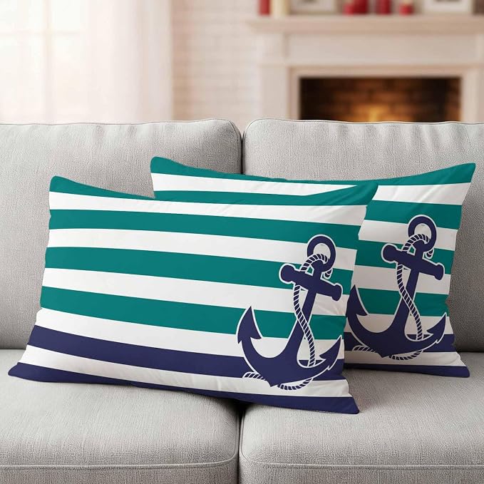 Lumbar Pillow Covers 20x12 Inch Set of 2, Anchor Teal Waterproof Outdoor Cushion Covers, Modern Navy Blue White Striped Nautical Decorative Pillowcases for Couch, Sofa, Bed, Garden, Patio