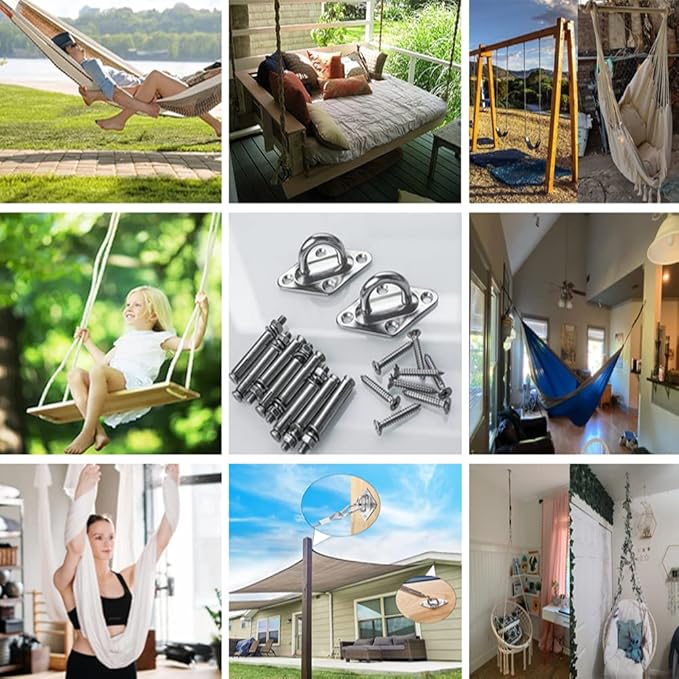 TooTaci Hammock Hooks Heavy Duty, 1000lb Capacity M8 304 Stainless Steel Pad Eye, Hammock Hanging Kit with Screw Bolts, Hammocks Wall Mount Ceiling Hook for Indoor Outdoor, Swing Chairs Hanging