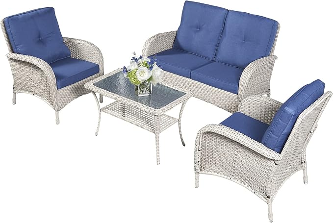 Belord 4 Pieces Patio Furniture Set for Porch Deck Balcony Outdoor, Wicker Chair Sectional Sofa Set, Outdoor Conversation Sets Include Chairs Loveseat Couch and Coffee Table