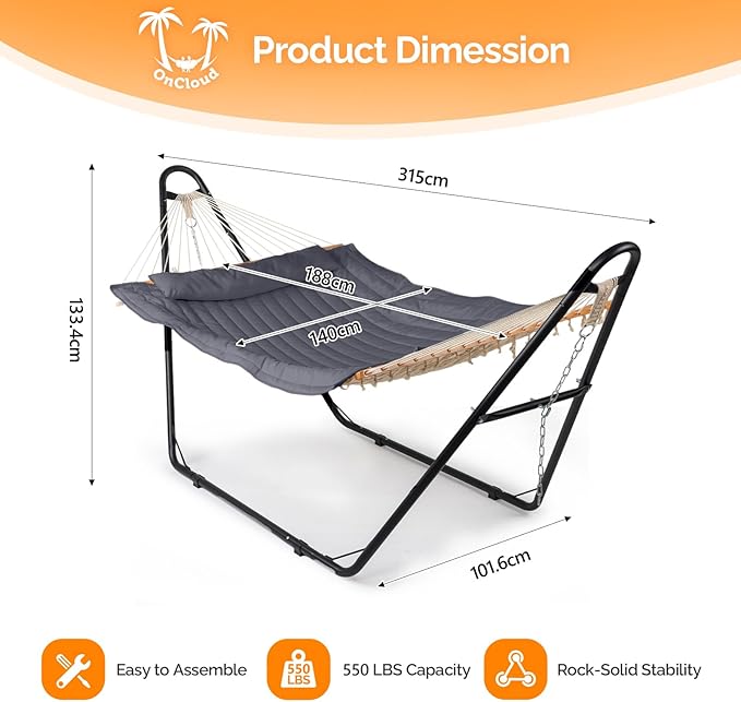 ONCLOUD Hammock with Stand, Double-Barrel Hammock with Hammock Bed, Heavy Duty Adjustable Hammock Set for Outdoors, Patio, Yard, Garden, 550 LBS (Gray)