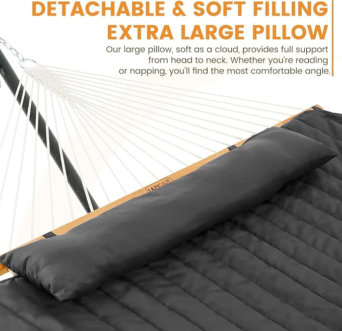 Lazy Daze Hammocks 2 Person Hammock Pad and Pillow Set, Double Polyester Quilted 78" x55" Replacement Pad for Rope Hammock, Dark Grey