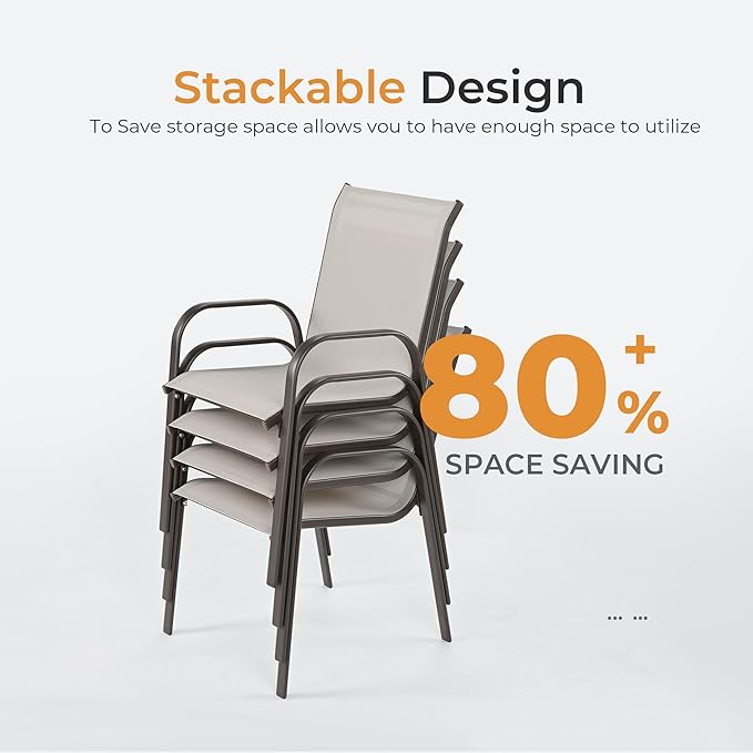 HAPPATIO Outdoor Patio Dining Set, 6 Quick Dry Textilene Dining Chairs and Dining Table with Umbrella Hole, Stackable Textilene Chairs for Garden, Patio and Poolside Backyard,Light Grey