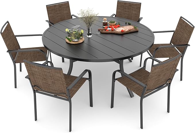 Anmutig 7-Piece Outdoor Patio Round Table and Chairs Set with 54 inch Metal Table, 6 Stackable Dining Chairs with Brown Textilene, Armrest