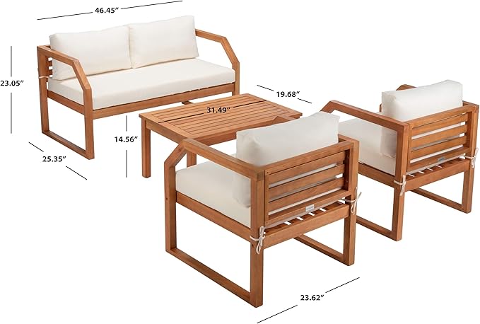 SAFAVIEH Outdoor DREN Natural Brown 4-Piece Set - Beige Seat Cushions Included