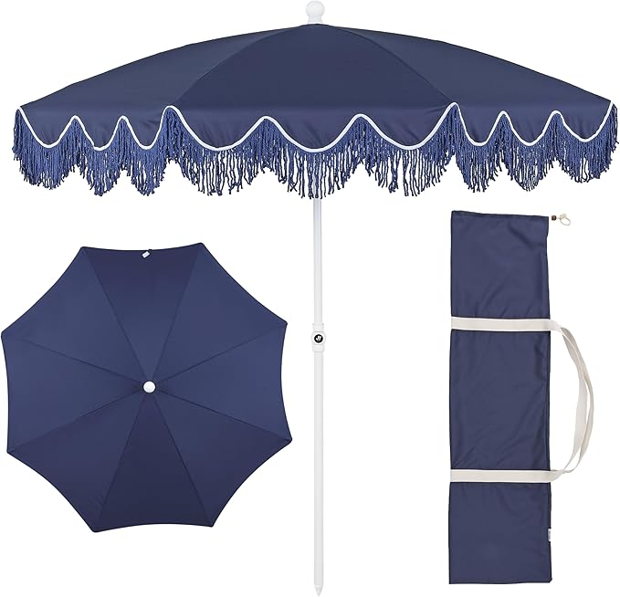 JONATHAN Y Mariner 6.5 ft. Beach Umbrella, Navy Solid with Fringe, Push-Button Tilt, UPF 50+ Sun Protection and Carrying Bag for Patio and Pool, White Pole UMB1005T