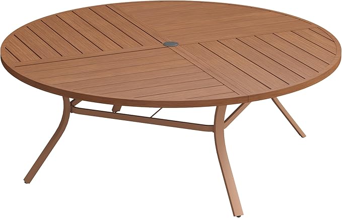 Patio Dining Table for 8-10, Round Metal Outdoor Table with Storage Shelf, 1.57" Umbrella Hole, 63" Outdoor Quartered Tabletop Dining Table for Backyard, Porch, Lawn, Walnut