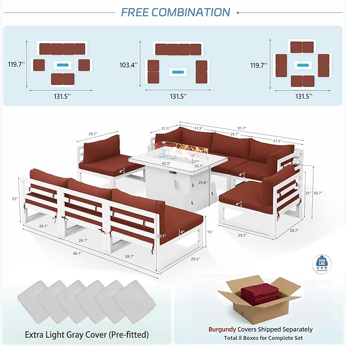 NICESOUL 9 Piece Oversized Modular Aluminum Outdoor Furniture Set with Fire Pit Table, 29" Deep Wide Sectional Seating, 500 lbs High Weight Capacity Patio Conversation Set for Garden Deck, Burgundy