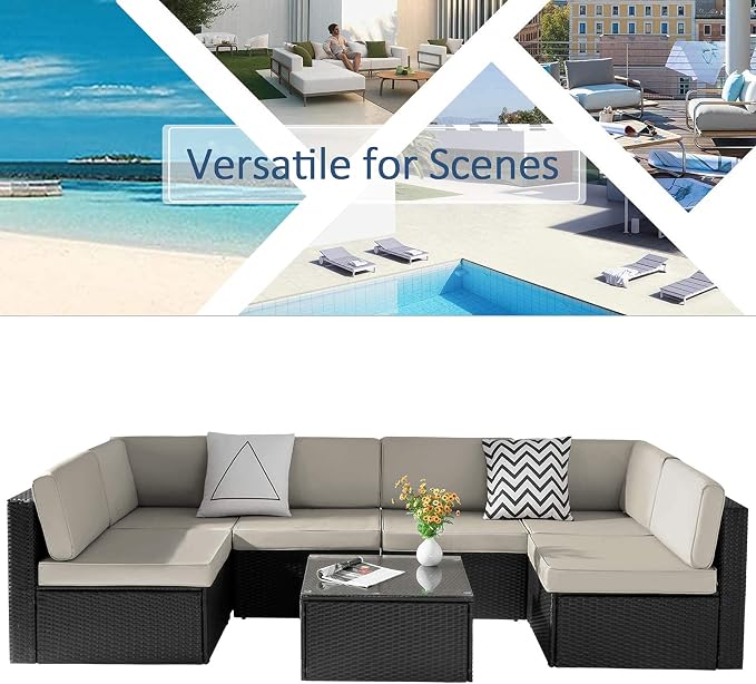 VITESSE Patio Furniture Sets All Weather Outdoor Sectional Sofa Manual Weaving Wicker Rattan Patio Conversation Set with Cushion and Glass Table (7 Pieces, Beige)