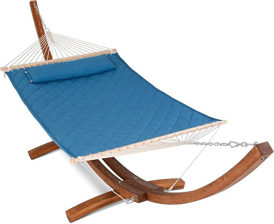 ANOW 13.5FT Curved Wood Stand with Double Hammock, Heavy Duty Larch Wood Arc Stand with 2 Chains, 4 Balance Ropes and 4 Carabiners, Includes Blue Hammock with Spreader Bars