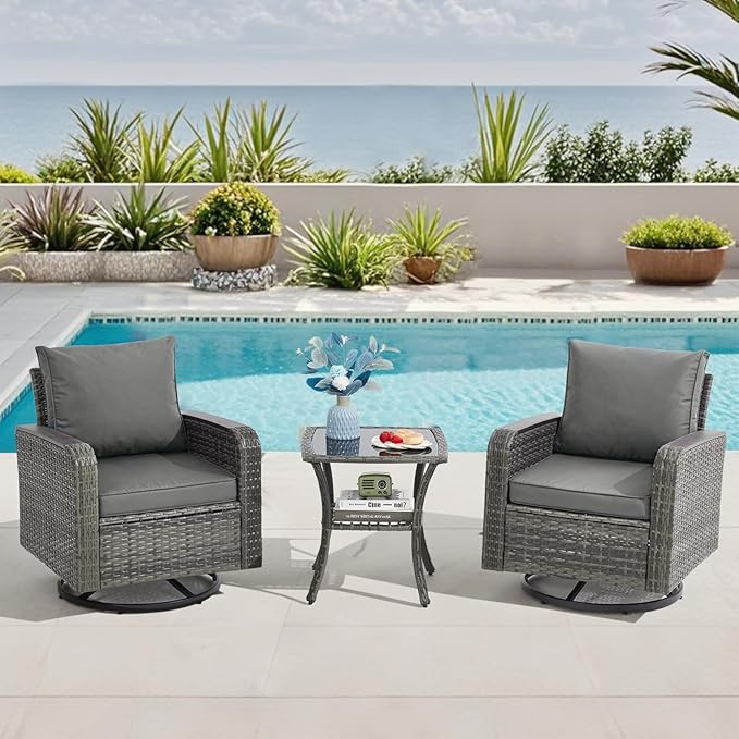 3 Piece Patio Set, Outdoor Swivel Chair, Wicker Patio Bistro Set with Side Table for Garden, Porch, Backyard