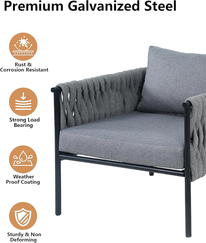 5 Piece Patio Furniture Set, Woven Rope Outdoor Furniture Couch with 2 Round Coffee Tables, All Weather Patio Conversation Sets with Oversized 3-Seater Sofa & Washable Cushions for Backyard