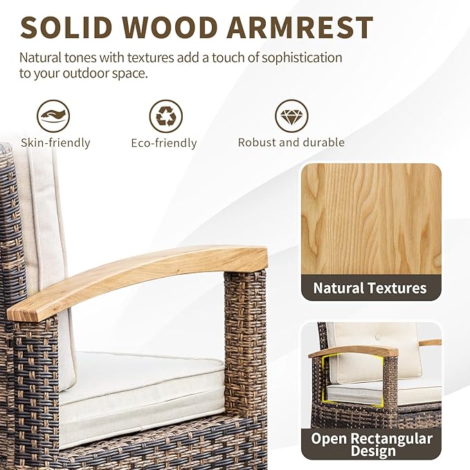MEISSALIVVE 3 Piece Outdoor Swivel Rocker, Patio Furniture Bistro Set with 360° Wood Armrests Swivel Rocking Chairs and Side Table for Porch,Deck,Balcony (Brown)