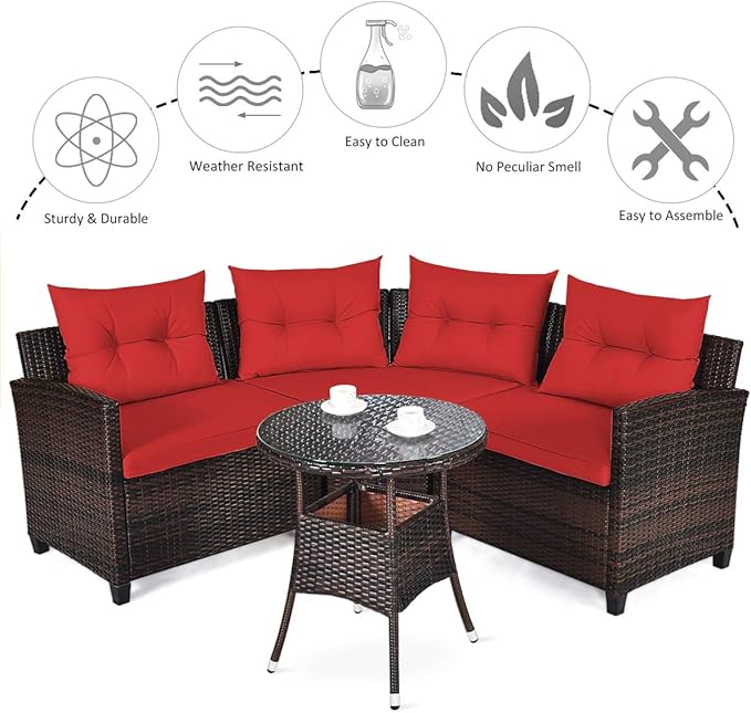 Tangkula 4-Piece C Shape Patio Furniture Set, Outdoor Corner Wicker Rattan Sectional Cushioned Sofa Set, with Glass Coffee Table, for Garden Poolside Balcony (Red)