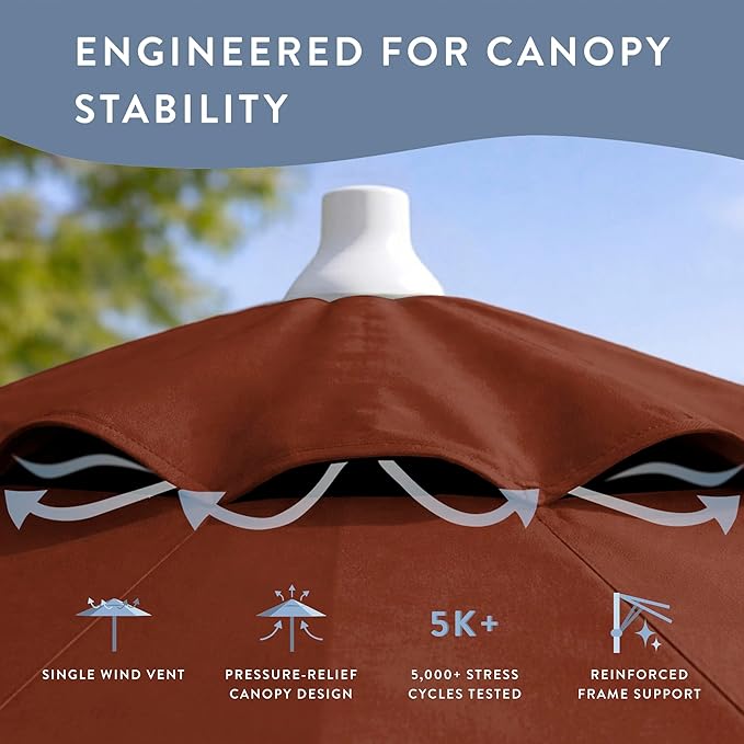 California Umbrella 8-Year Protection 7.5 Ft Outdoor Patio Umbrella, Solstice Fade-Resistant Fabric, Auto-Tilt, Heavy Duty Aluminum Frame, 8 Reinforced Ribs for Pool or Deck, White Pole, Terracotta