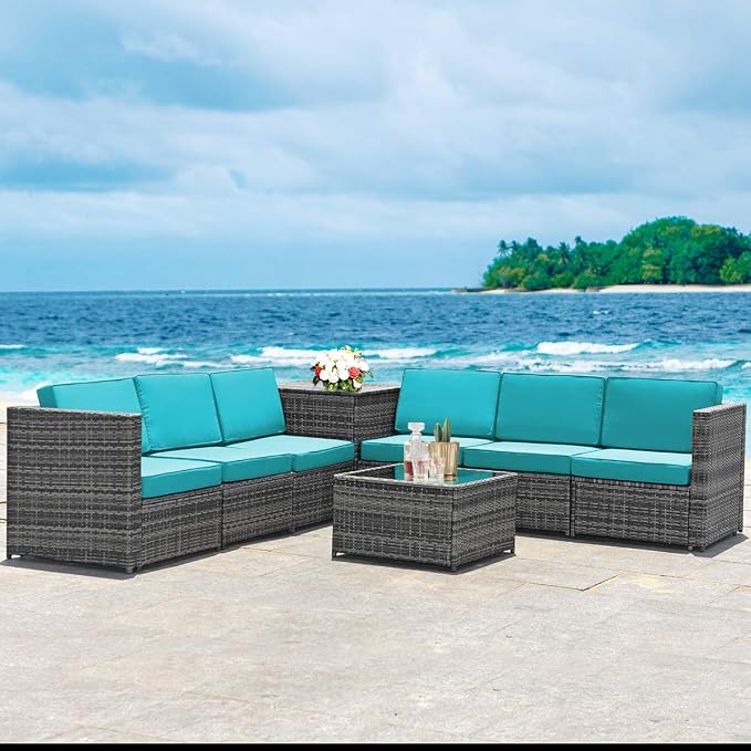 RELAX4LIFE 8-Piece Patio Furniture Set - PE Wicker Conversation Set w/Soft Cushions & Tempered Glass Storage Table, Outdoor Sectional Sofa Set for Garden, Poolside, Backyard (Turquoise)