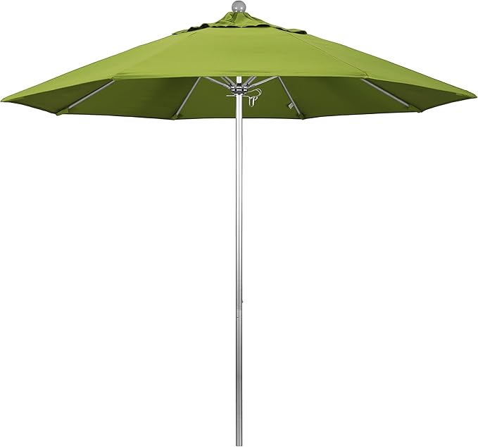 California Umbrella 9' Rd. Venture Series Contract Grade Patio Umbrella, Push Open Pin Stop, Silver Finish, Sunbrella Macaw