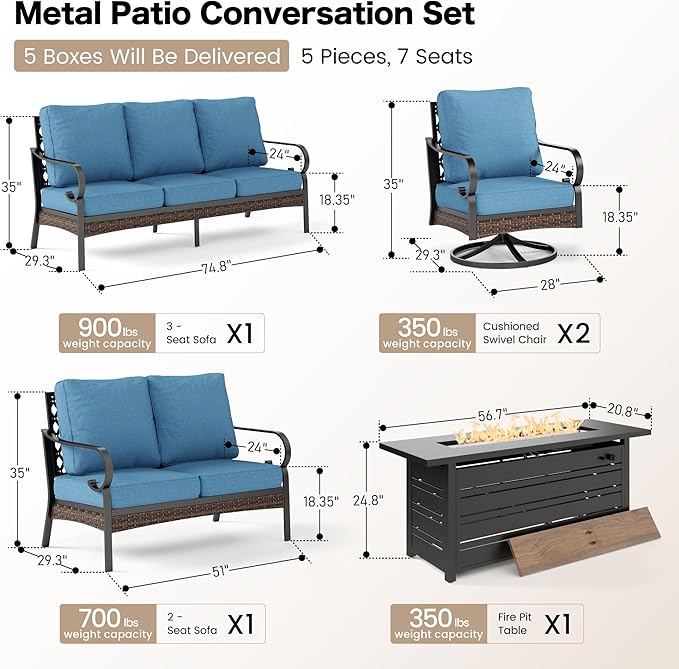 5 Piece Metal Outdoor Patio Furniture Sets with Firepit Table, Patio Conversation Sets 1 3-Seater Sofa, 1 Loveseat, 2 Swivel Chair with 5.75" Cushion for Backyard Deck, Denim Blue