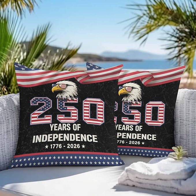 250 Years Anniversary Outdoor Waterproof Throw Pillow Covers 16x16 Set of 2, Independence Day USA Eagle Flag Decorative Pillowcases Cushion Pillowcase for Couch Sofa Patio Outside Pillow Protector