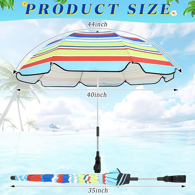 Buryeah 2 Pcs Beach Chair Umbrella Automatic with Universal Adjustable Clamp 44" UPF 50+ Portable Clamp on Beach Chair for Wheelchair Patio Golf Carts Camping