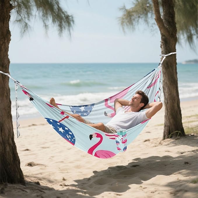 4th of July Independence Day Pink Flamingos 330lb Capacity Camping Hammock with Hanging Rope Backyard Hammock for Outside Beach Patio Garden hamacas para adultos
