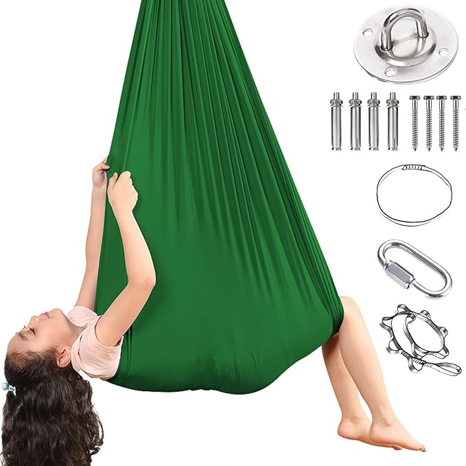 Yoga Swing for Kids Hammock Children Hangin Indoor Outdoor Autism Aspergers,ADHD Kids Hangin Therapy Swing 110inch x 59inch (Hardware Included) Green
