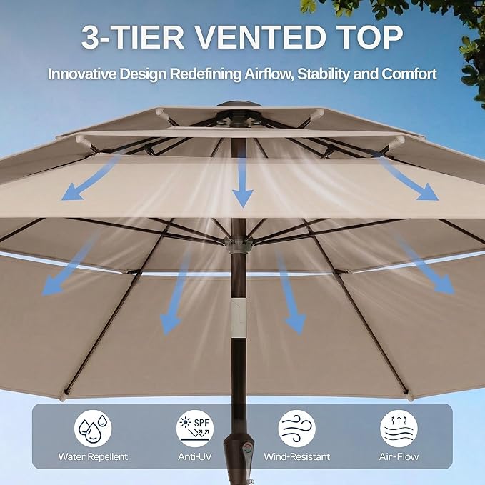 10ft Patio Umbrella, 3 Tier Outdoor Market Table Umbrellas with 8 Fiberglass Ribs and Push Button Tilt, Windproof, Vented Canopy, UV Protection for Deck, Pool, Backyard