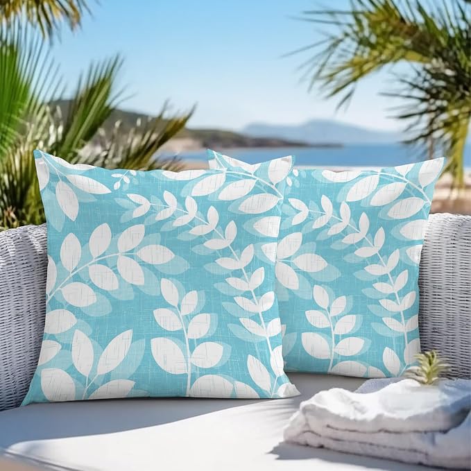 Light Blue Leaves Outdoor Waterproof Throw Pillow Covers 16x16 Set of 2, Farmhouse Botanical Branch Vintage Boho Leaf Decorative Pillowcases Cushion Pillowcase for Couch Sofa Patio Pillow Protector