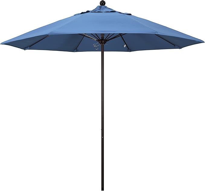 California Umbrella 9' Round Aluminum/Fiberglass Umbrella, Push Open, Bronze Pole, Olefin Frost Blue Fabric