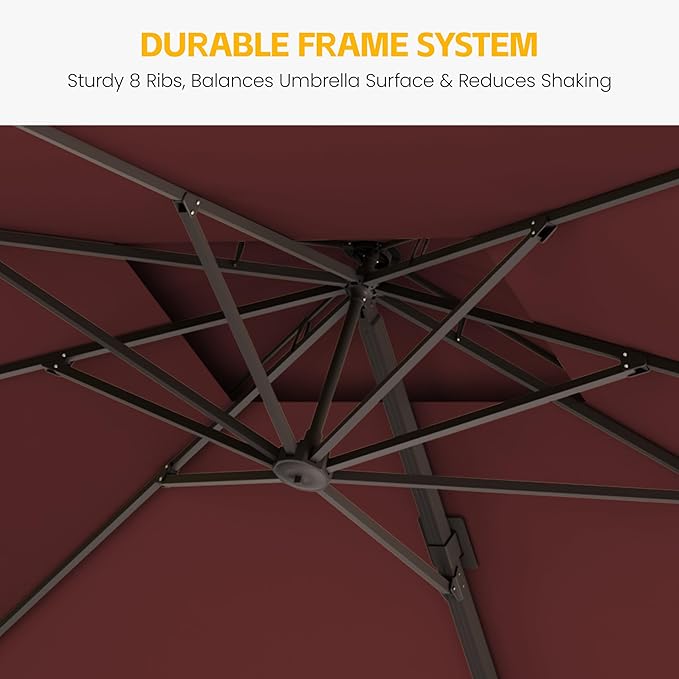 10x10 FT Patio Cantilever Umbrella (Base Not Included) (Base Not Included), Rectangular Heavy Duty Offset Umbrella for 6-8 People, 360°Rotation & Mult Tilt, Double Top Design, for Pool Garden Deck (Red)