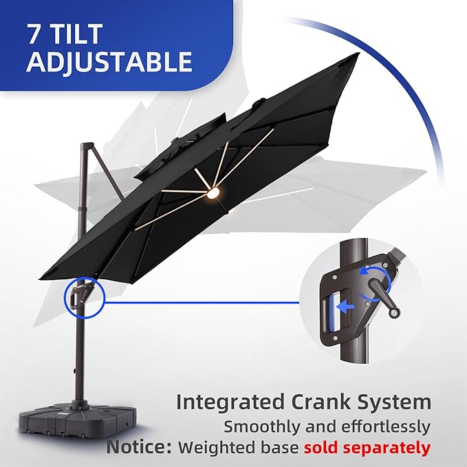 9 X 12 FT Cantilever Outdoor Patio Umbrella with Led Lights Heavy Duty Windproof Double Top Large Rectangle Offset Umbrellas with 360-degree Rotation for Garden Pool Deck Backyard, Black