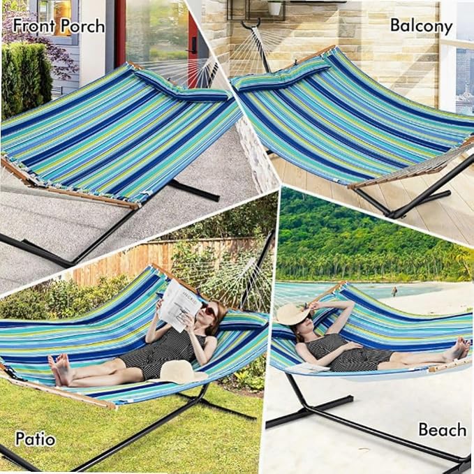 Beech Wood Foldable Patio Hammock with Detachable Pillow & Adjustable Chains, 55.5x75in, 265lb Capacity, Blue & Green Mix Color
