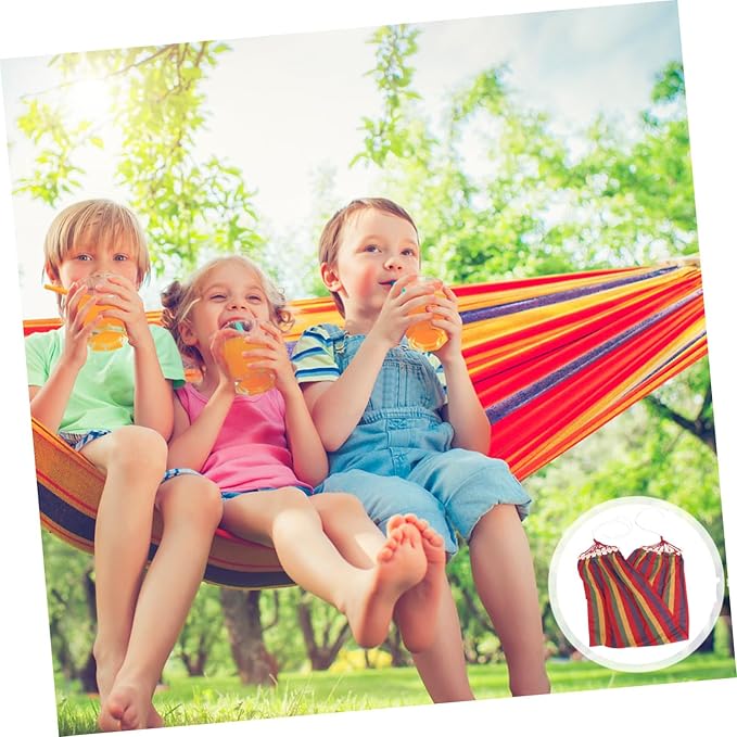 Wakauto Traveling Single Person Hammock Rainbow Striped Cotton Canvas Outdoor Swing for Camping and Leisure with Anti-tip Design
