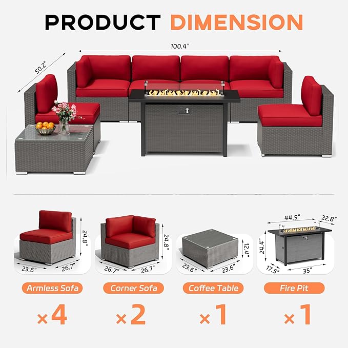 Oakcloud 8-Piece Outdoor Patio Furniture Sofa Set with 45” Propane Gas Fire Pit Table, Grey Rattan Wicker Sectional Conversation Sets with Glass Top Tables and Cushions(Red, w/Fire Pit Table)