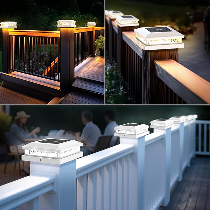 Solar Post Lights 8-Pack, 2 Color Modes 16LEDs Outdoor Decorative Post Cap Lights, Waterproof Solar-Powered Fence Posts Light, Fit 4x4, 5x5 Vinyl/Wooden Posts in Garden Yard Porch Deck, White